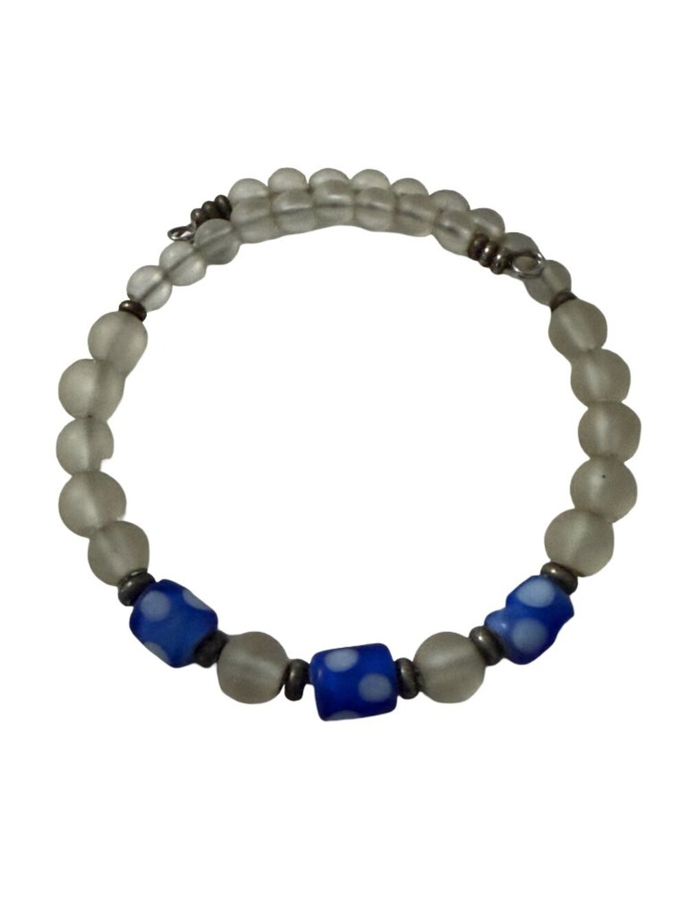 Blue White Lampwork Art Glass Frosted Bead Bracelet Silver Tone Artisan